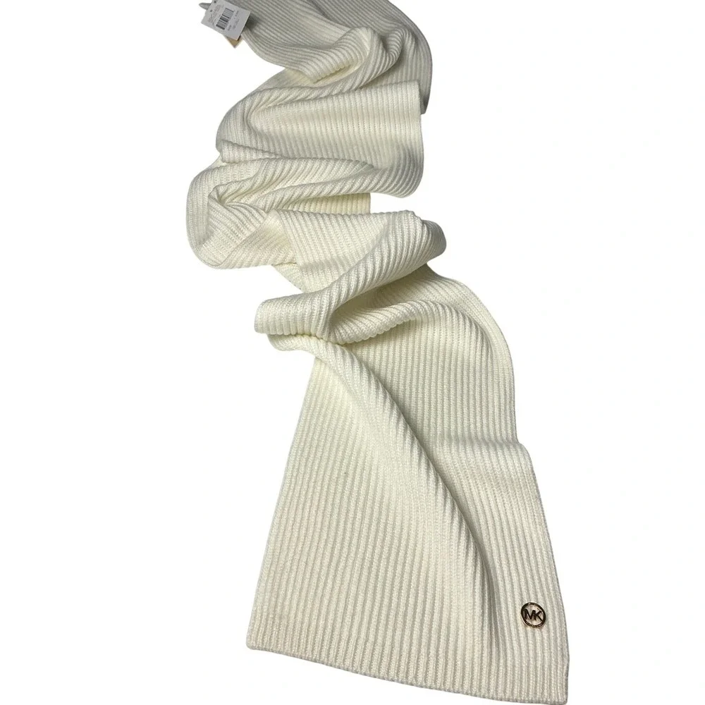 Michael Kors Cream Knit Scarf with Gold Logo Detail - One Size